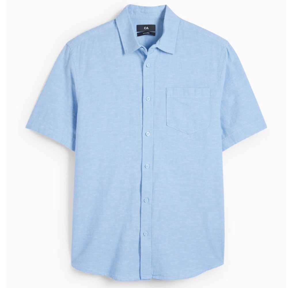100% Linen C&A Short Sleeve Shirt Summer Button Up Breathable Cool Blue L M Cham